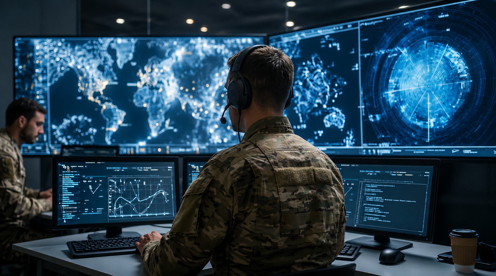 Operations control room with banks of screens and operators at consoles
